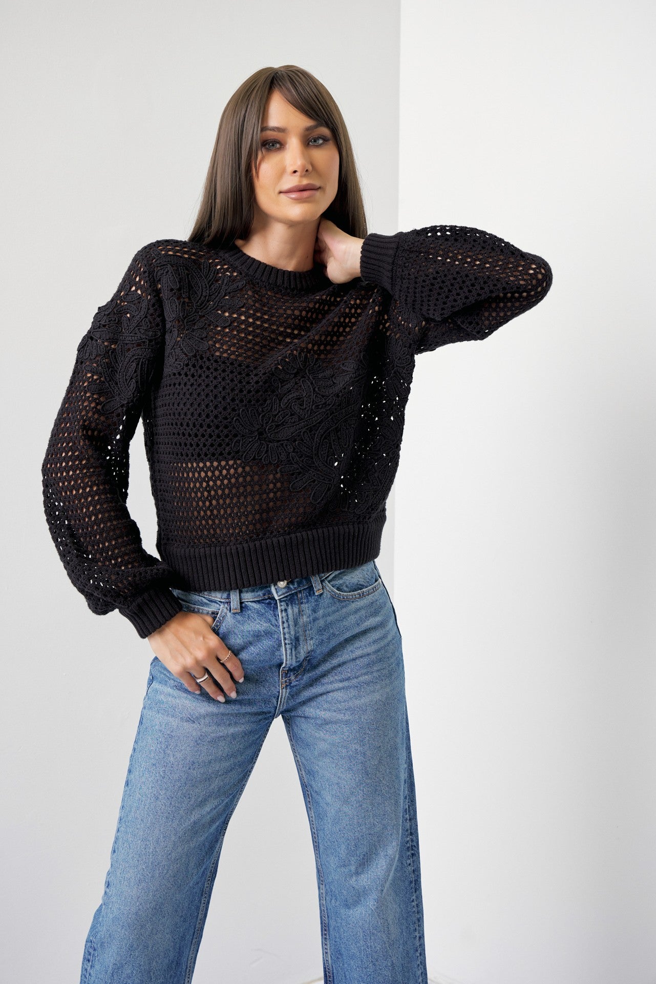 Black Crochet Sweater – Flower Embroidery