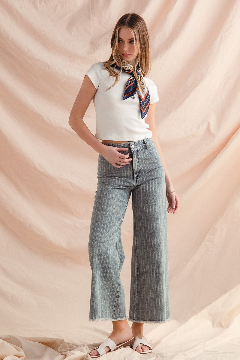 Washed Stripe Denim Pants – Frayed Hem, Belted, Trendy Chic