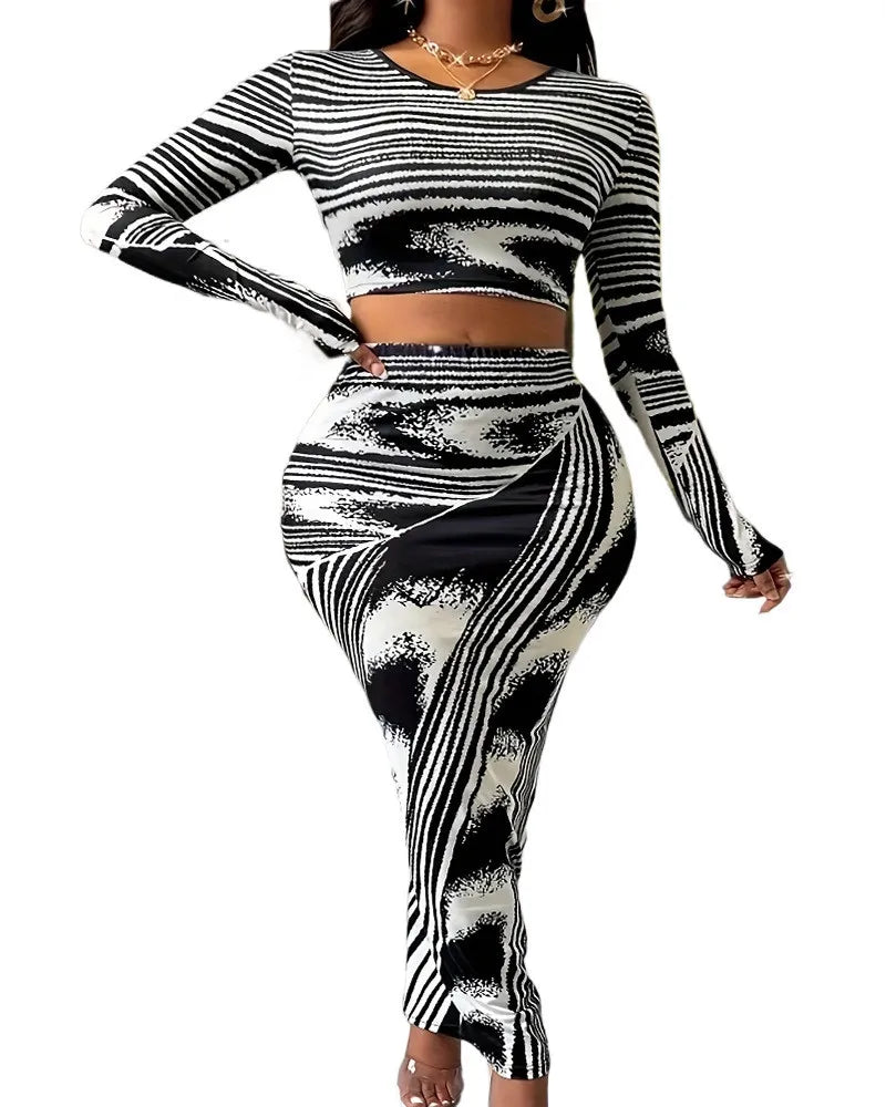 Glam Black & White Swirl Print Two-Piece High Waist Skirt Set