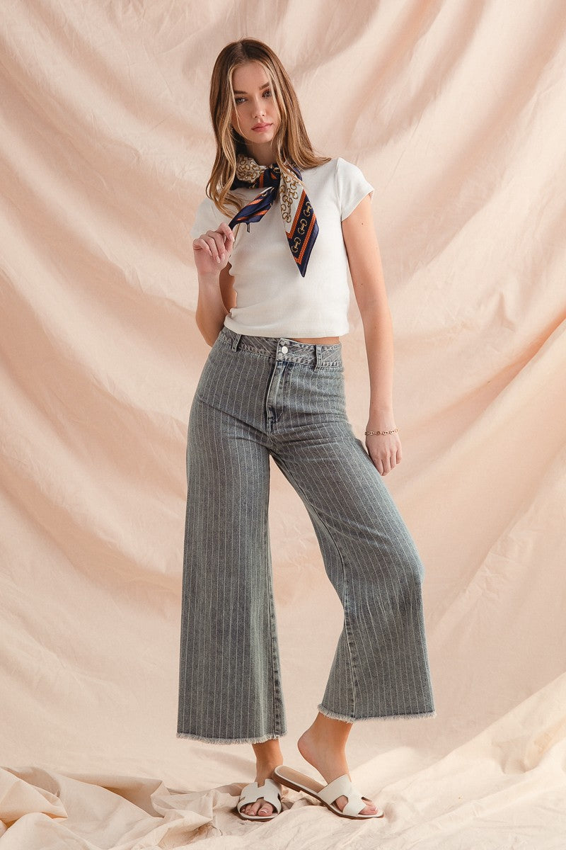 Washed Stripe Denim Pants – Frayed Hem, Belted, Trendy Chic