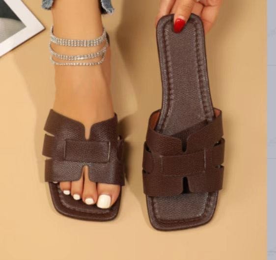 Hollow Out Square Toe Flat Sandals