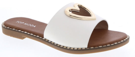 White Leather Gold Heart Sandals