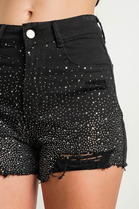 Embellished Rhinestone Denim Shorts – Raw Hem, Stretch Fit - Yayas Glam & Gift Shop