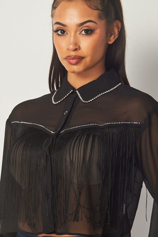 Western Chic Rhinestone Embellished Fringe Front Blouse - Yayas Glam & Gift Shop