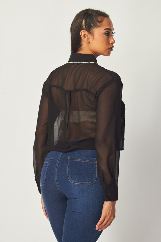 Western Chic Rhinestone Embellished Fringe Front Blouse - Yayas Glam & Gift Shop