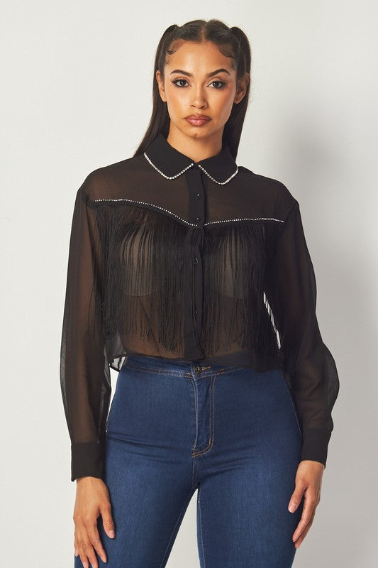 Western Chic Rhinestone Embellished Fringe Front Blouse - Yayas Glam & Gift Shop
