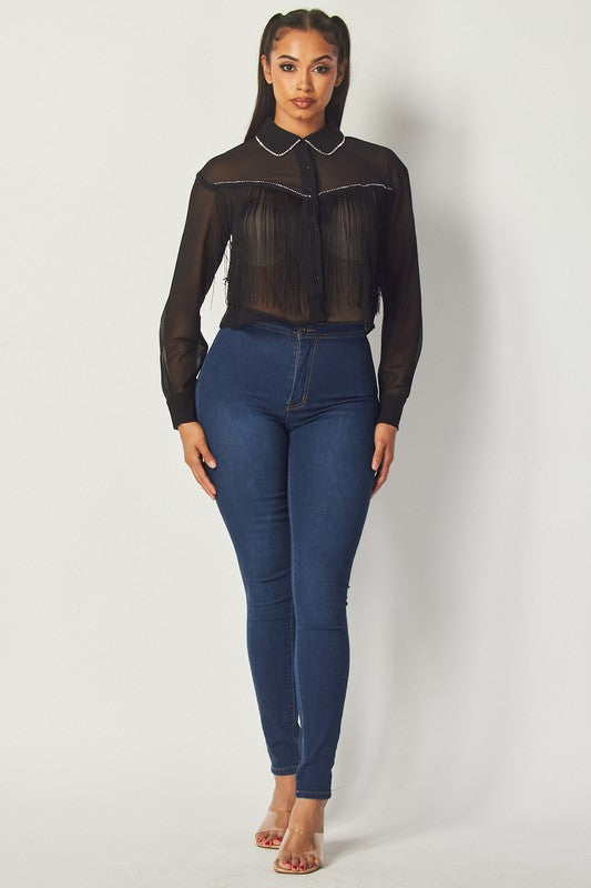 Western Chic Rhinestone Embellished Fringe Front Blouse - Yayas Glam & Gift Shop