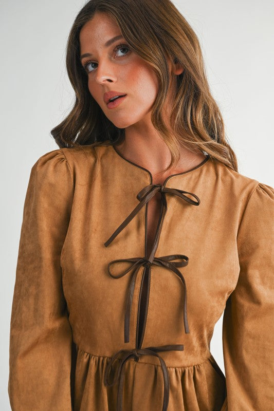 Camel Faux Suede Romper – Tie Front, Puff Sleeve, Fall Chic