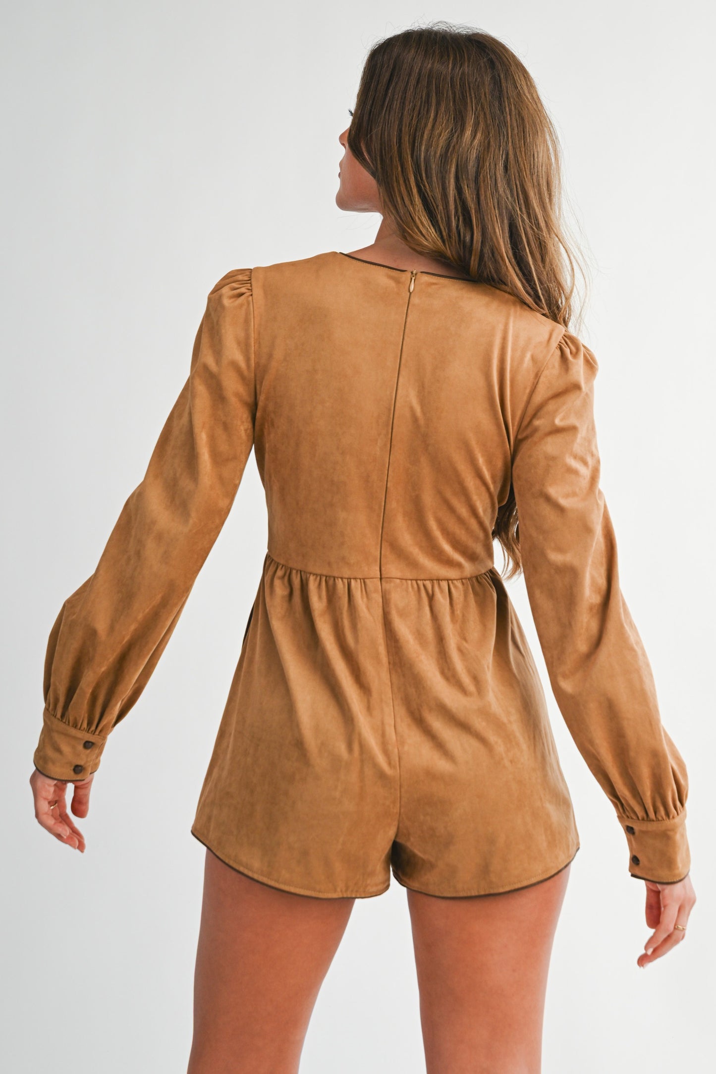 Camel Faux Suede Romper – Tie Front, Puff Sleeve, Fall Chic