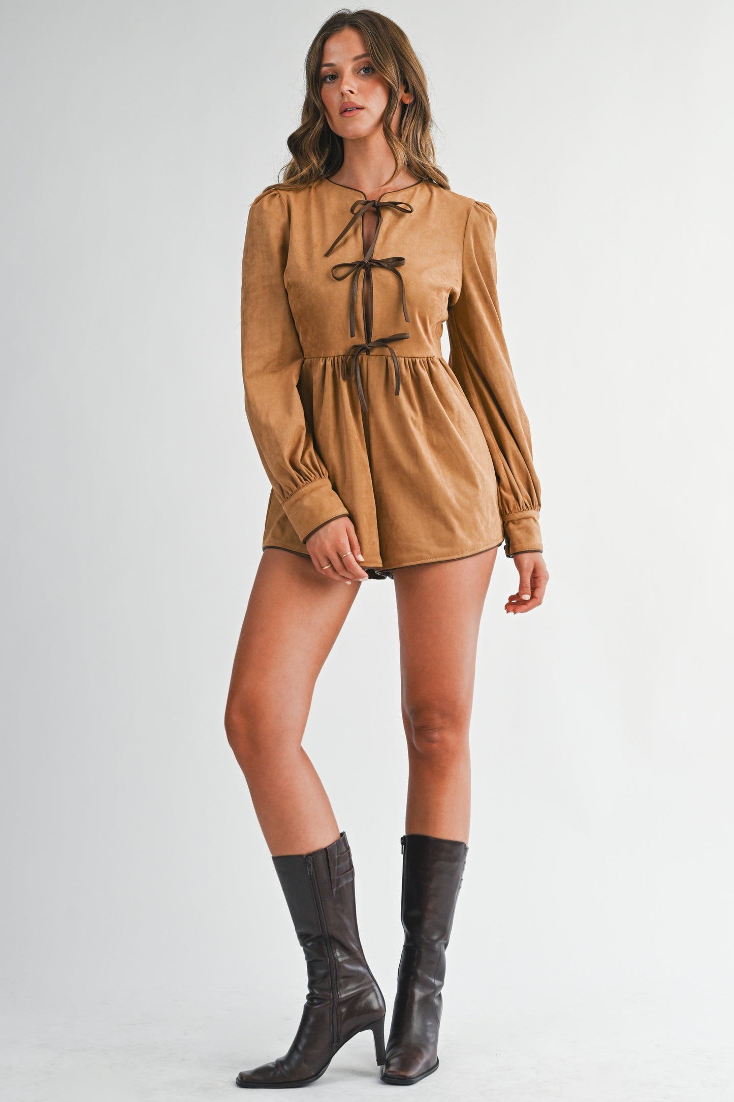 Camel Faux Suede Romper – Tie Front, Puff Sleeve, Fall Chic
