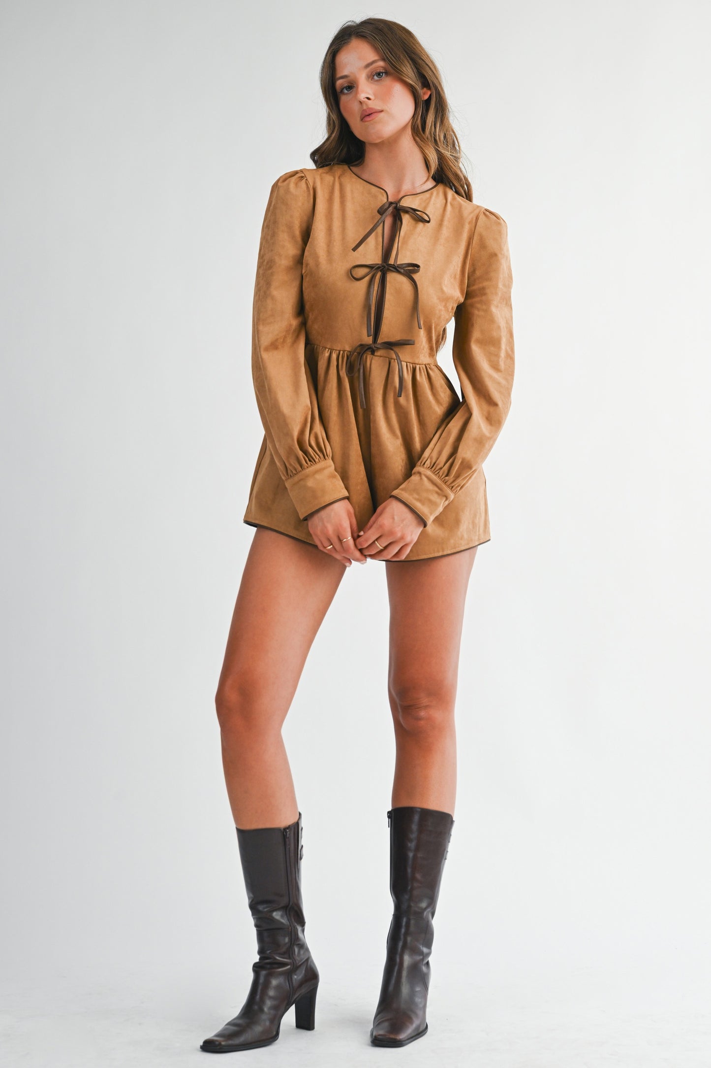 Camel Faux Suede Romper – Tie Front, Puff Sleeve, Fall Chic