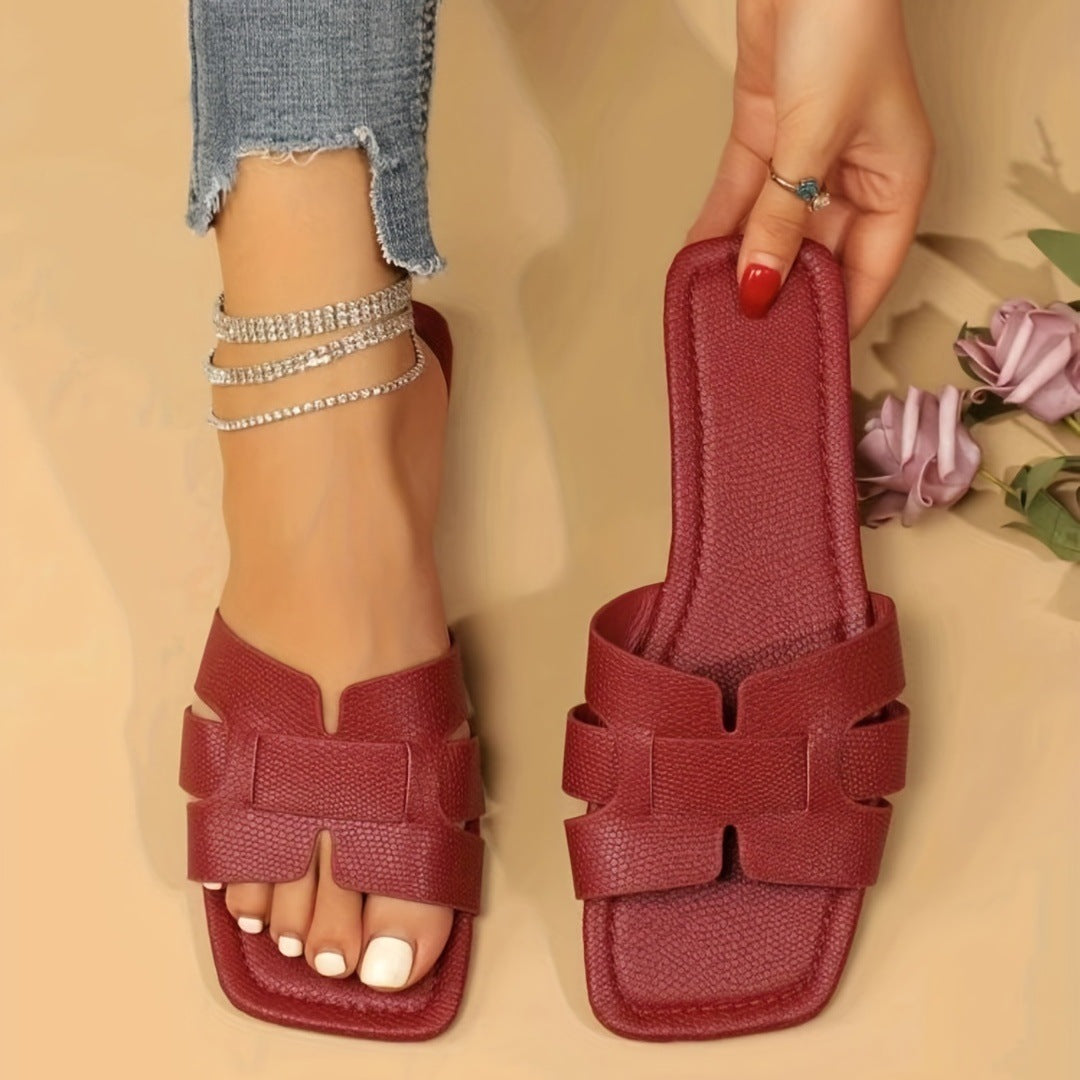 Hollow Out Square Toe Flat Sandals