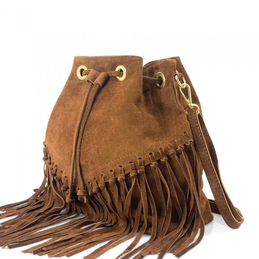 Italian Leather Leana Fringed Suede Bucket Bag