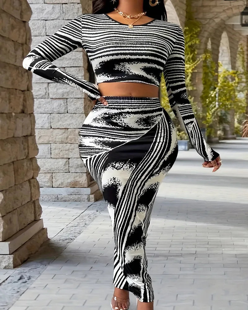 Glam Black & White Swirl Print Two-Piece High Waist Skirt Set