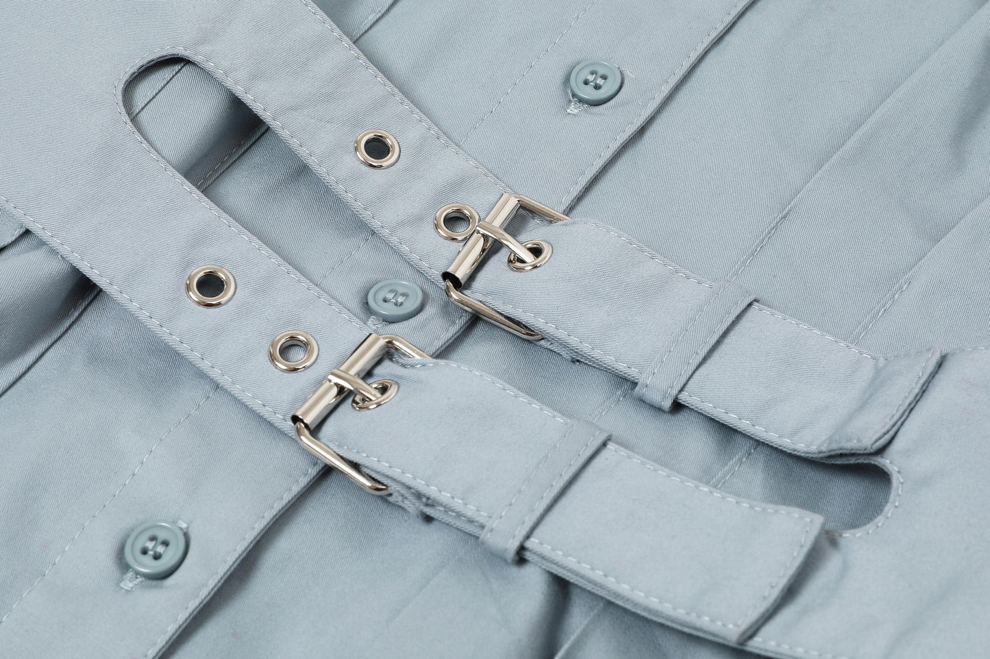 Woven Belted Grace Top – Light Blue Collared Blouse with Ruching