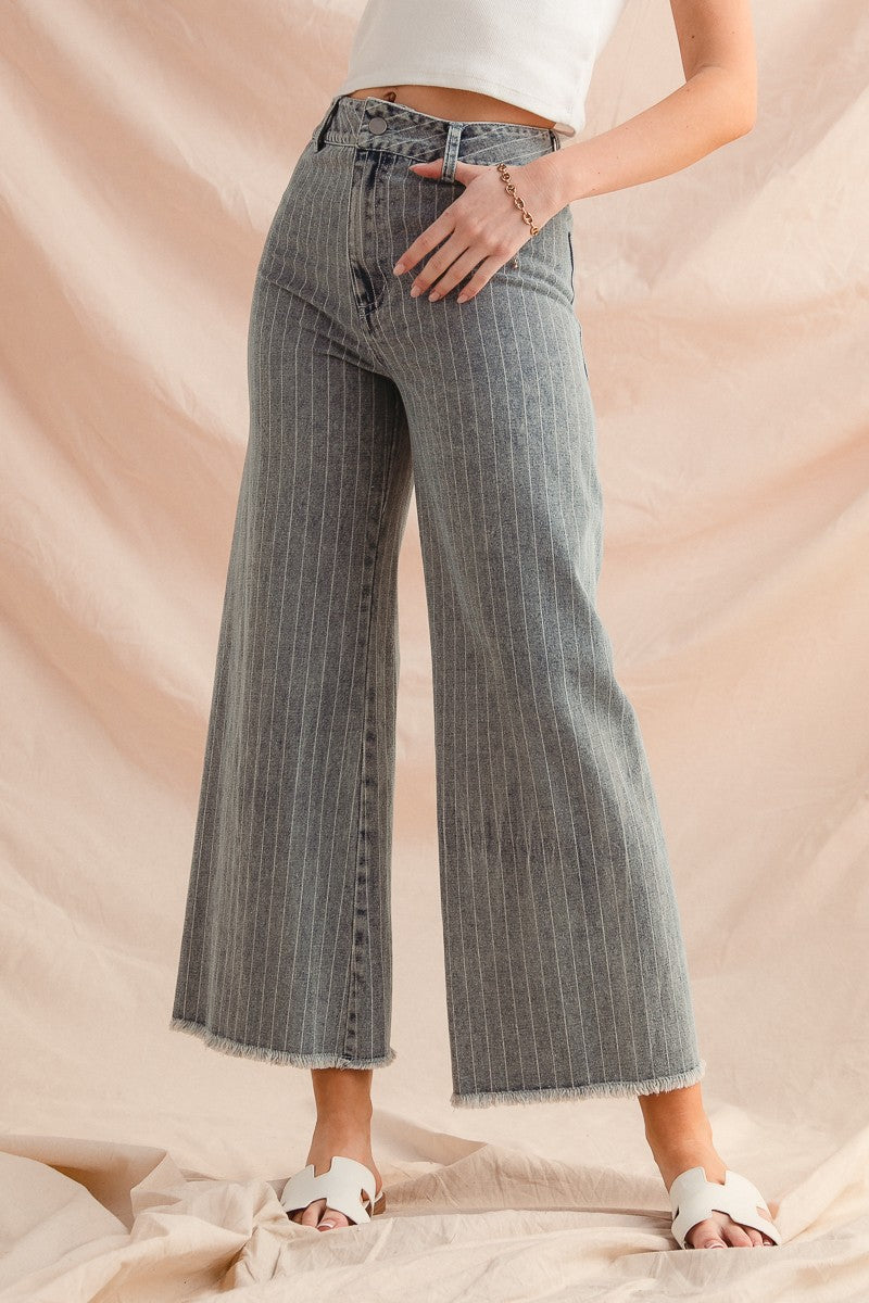 Washed Stripe Denim Pants – Frayed Hem, Belted, Trendy Chic