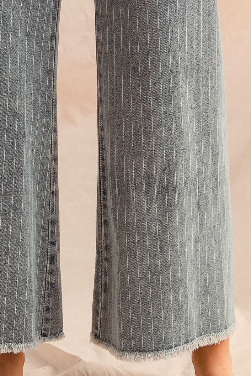 Washed Stripe Denim Pants – Frayed Hem, Belted, Trendy Chic