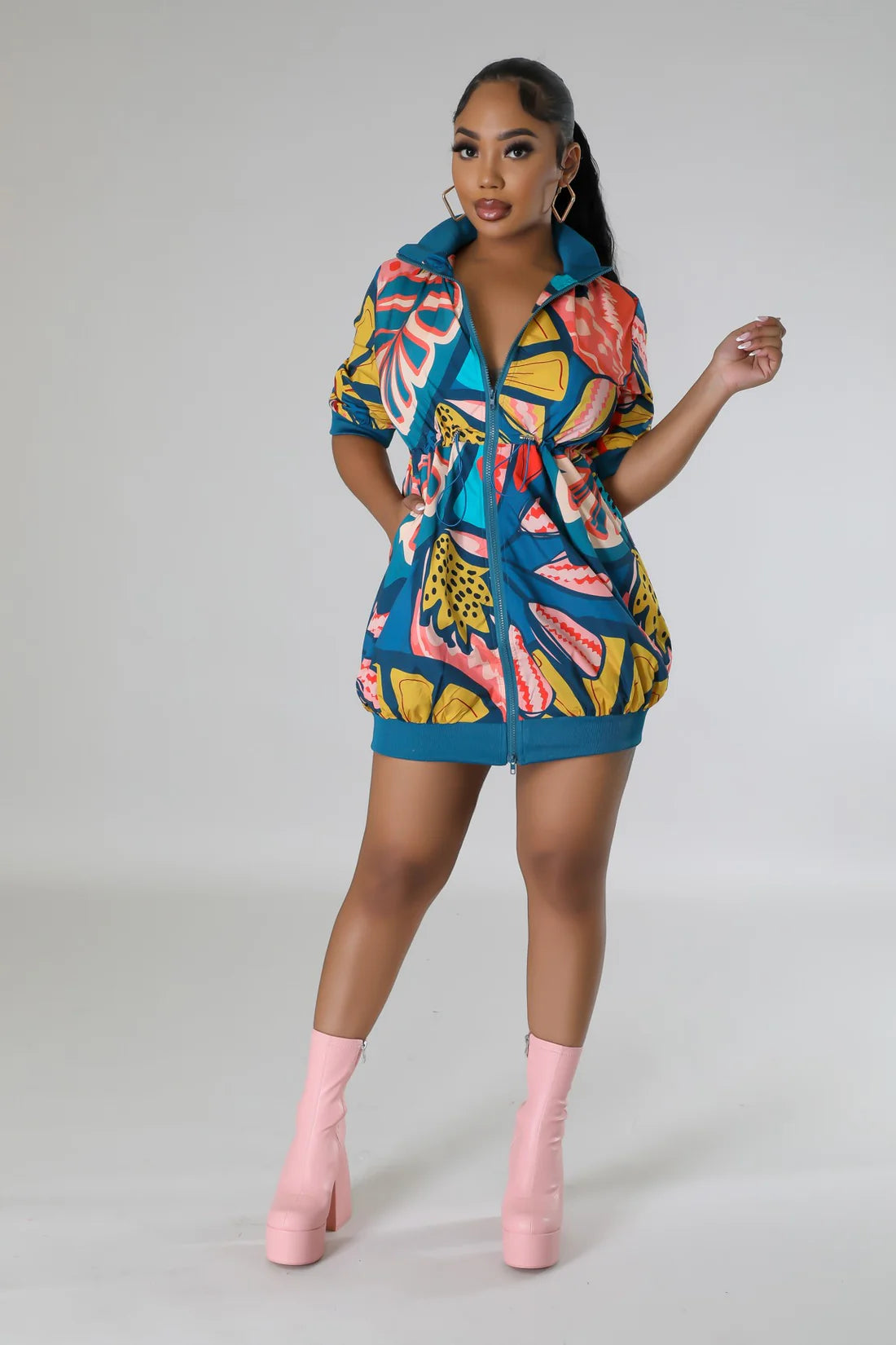 Tropical Zip Jacket Dress – Oversized Style with Pockets - Yayas Glam & Gift Shop