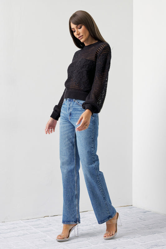 Black Crochet Sweater – Flower Embroidery