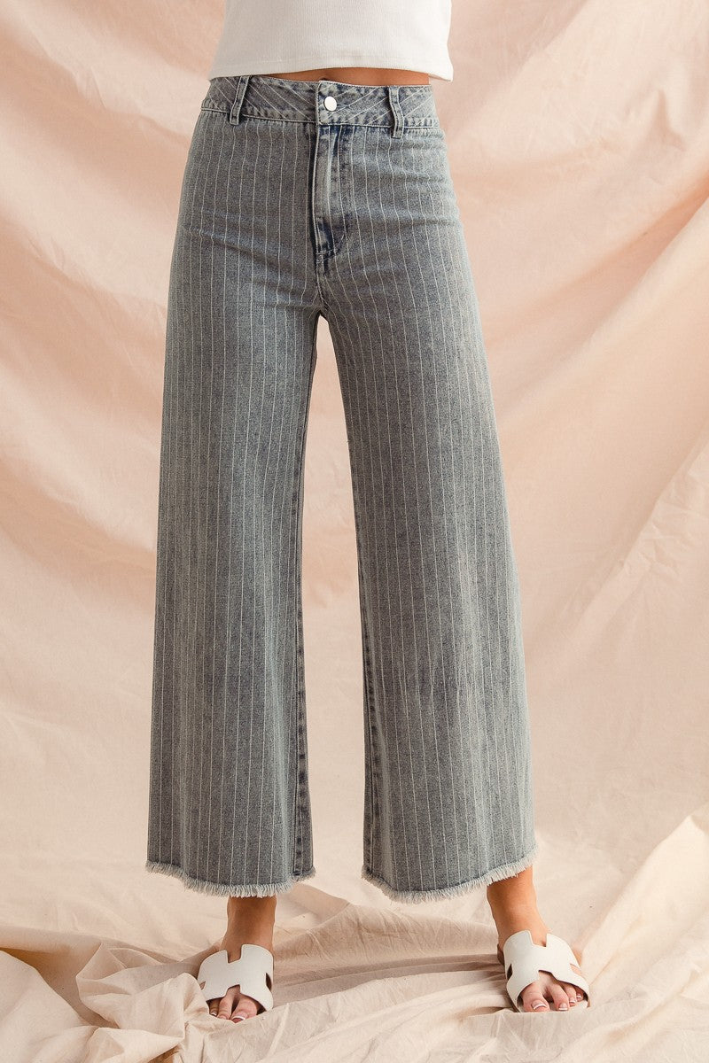 Washed Stripe Denim Pants – Frayed Hem, Belted, Trendy Chic