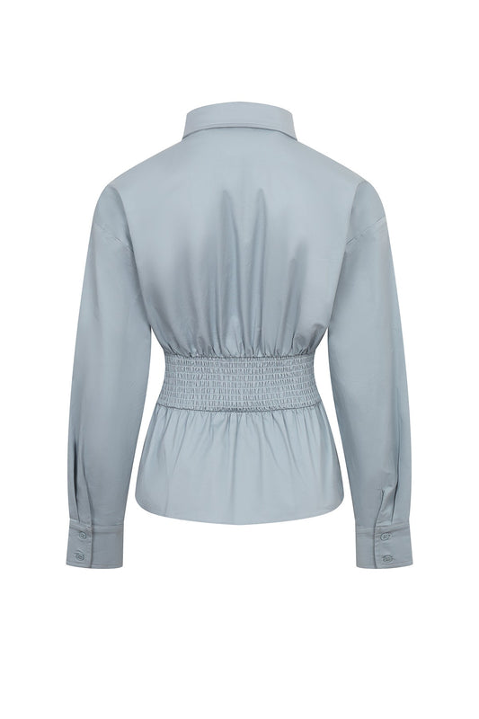 Woven Belted Grace Top – Light Blue Collared Blouse with Ruching