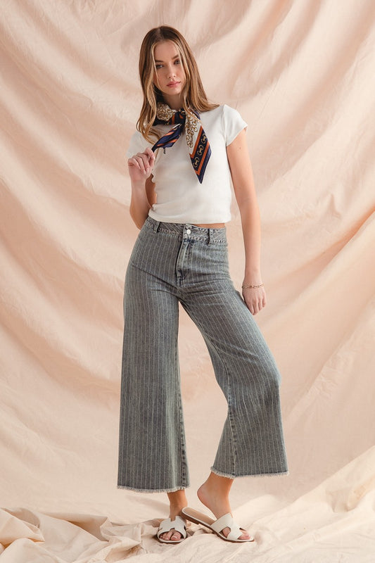 Washed Stripe Denim Pants – Frayed Hem, Belted, Trendy Chic