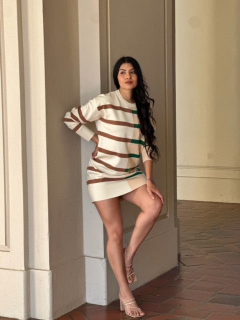 Striped Sweater Dress – Sexy Taupe, Cream, Brown & Green Knit
