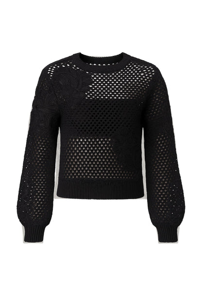Black Crochet Sweater – Flower Embroidery