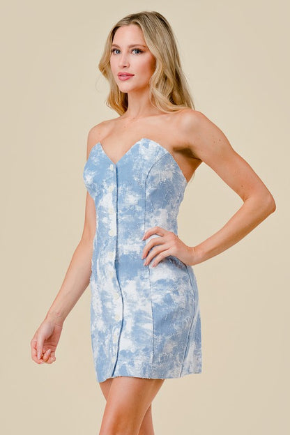 Textured Washed Denim Button-Down Tube Mini Dress