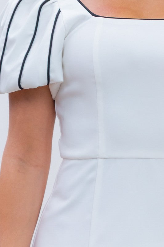 White Piping Detailed Mini Dress – Puff Sleeve Fit & Flare