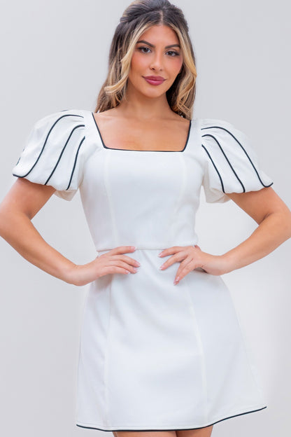 White Piping Detailed Mini Dress – Puff Sleeve Fit & Flare