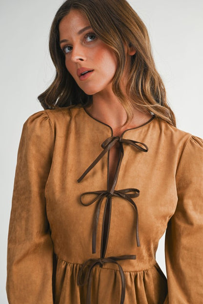 Camel Faux Suede Romper – Tie Front, Puff Sleeve, Fall Chic