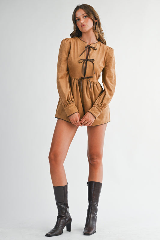 Camel Faux Suede Romper – Tie Front, Puff Sleeve, Fall Chic