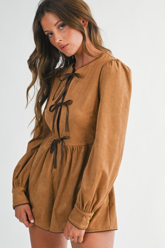 Camel Faux Suede Romper – Tie Front, Puff Sleeve, Fall Chic