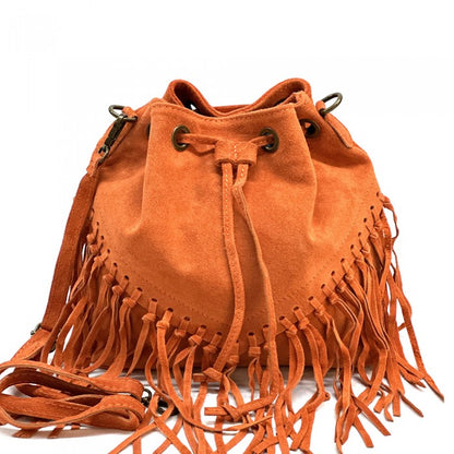 Italian Leather Leana Fringed Suede Bucket Bag