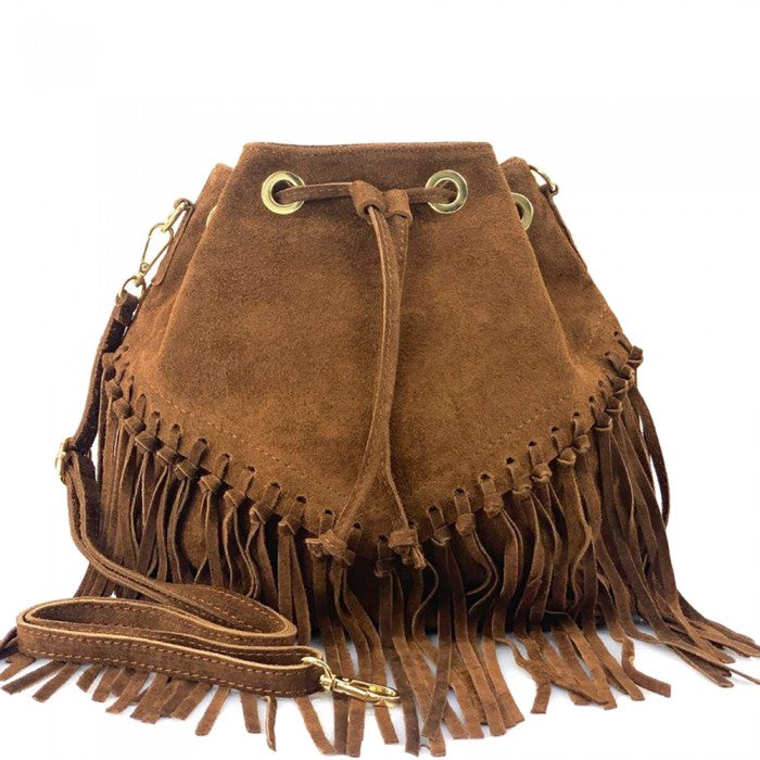 Italian Leather Leana Fringed Suede Bucket Bag