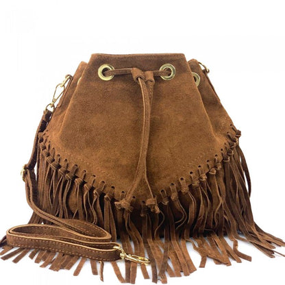 Italian Leather Leana Fringed Suede Bucket Bag