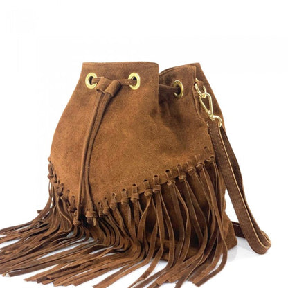 Italian Leather Leana Fringed Suede Bucket Bag