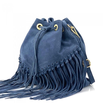 Italian Leather Leana Fringed Suede Bucket Bag