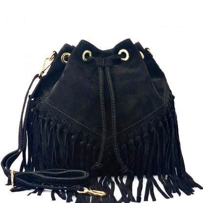 Italian Leather Leana Fringed Suede Bucket Bag