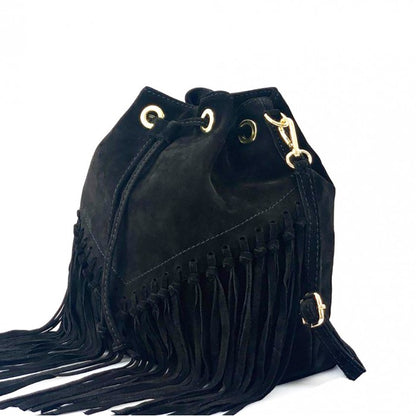 Italian Leather Leana Fringed Suede Bucket Bag