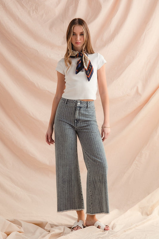 Washed Stripe Denim Pants – Frayed Hem, Belted, Trendy Chic