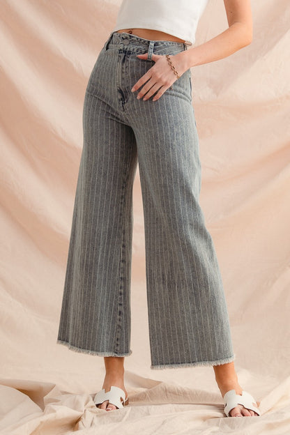 Washed Stripe Denim Pants – Frayed Hem, Belted, Trendy Chic