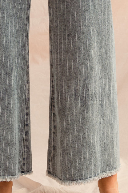 Washed Stripe Denim Pants – Frayed Hem, Belted, Trendy Chic