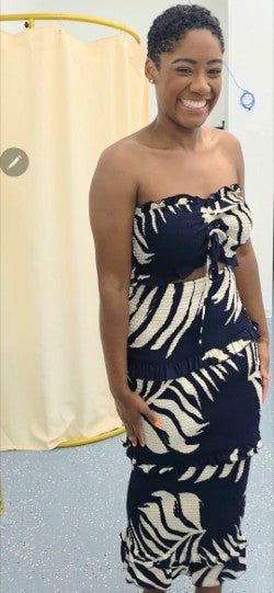 Printed Smocked Midi Dress – Navy & Cream