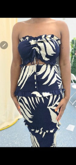 Printed Smocked Midi Dress – Navy & Cream