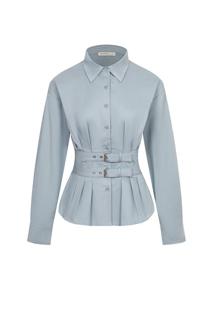 Woven Belted Grace Top – Light Blue Collared Blouse with Ruching