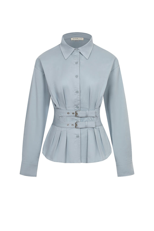Woven Belted Grace Top – Light Blue Collared Blouse with Ruching