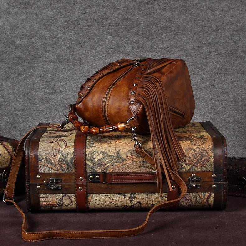 Western Me Bamboo Handle Fringed Leather Crossbody Handbag - Yayas Luxe Handbags - Handbags