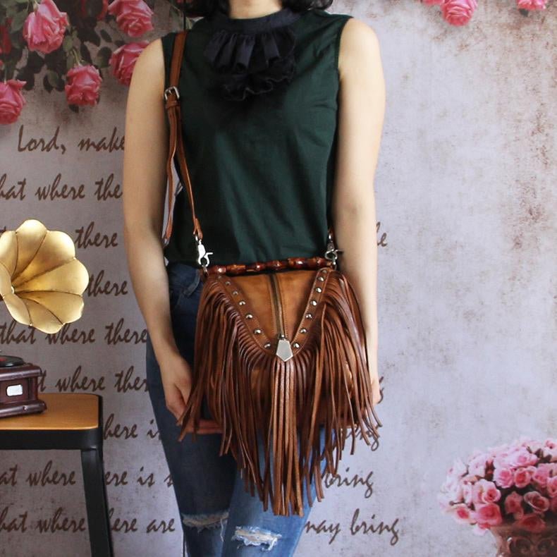 Western Me Bamboo Handle Fringed Leather Crossbody Handbag - Yayas Luxe Handbags - Handbags